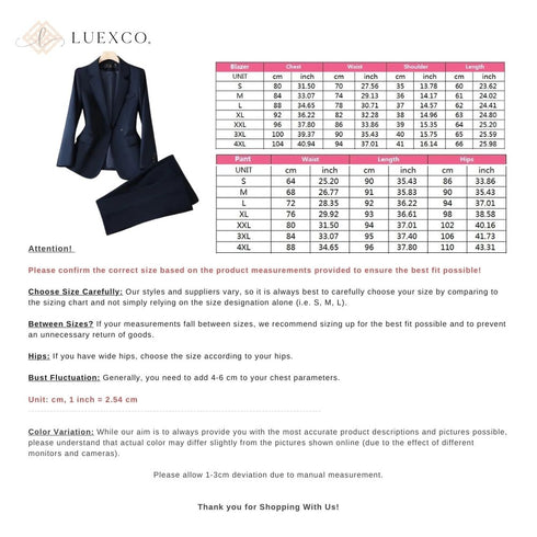 Luexco Women's Professional Suit Pants and Blazer Formal Set Size Guide