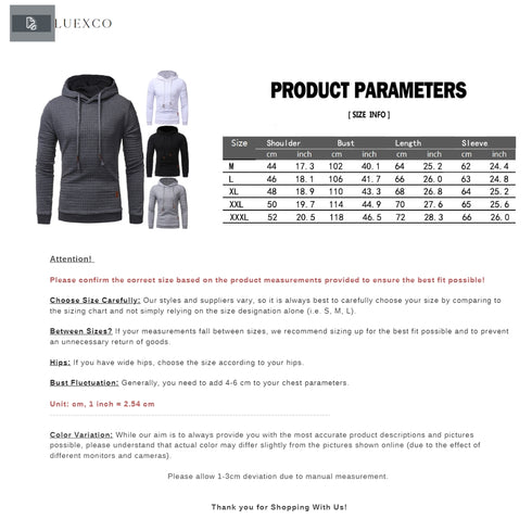 Luexco Men's Casual Pullover Slim Fit Hoodie Urban Mode Size guide
