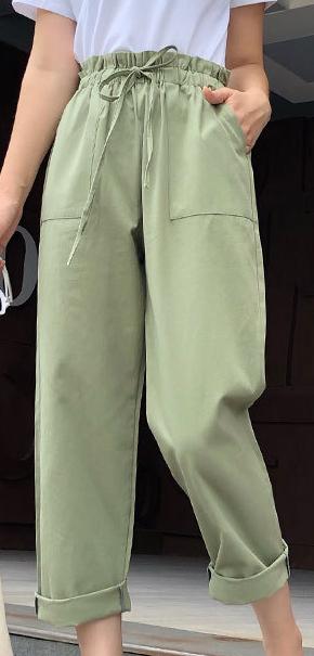 Luexco Women's Cotton Casual Pants Cropped Elastic Waist Green