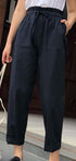 Luexco Women's Cotton Casual Pants Cropped Elastic Waist Black