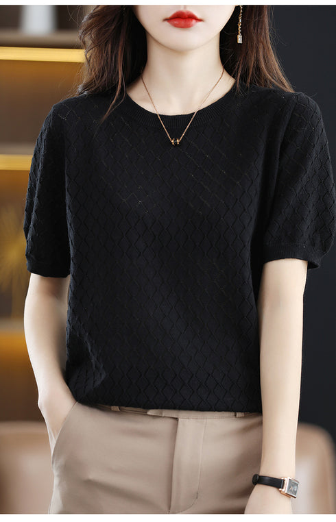Luexco Summer Hollow Ice Silk Knit Short Sleeve Round Neck Top Blouse Black