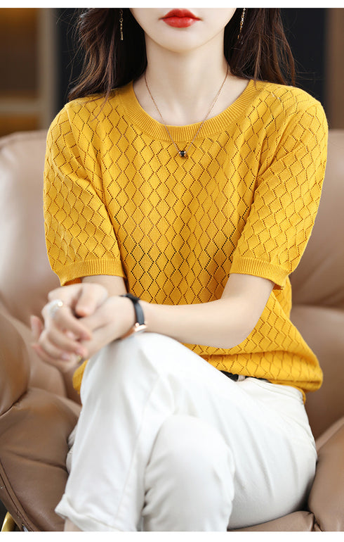 Luexco Summer Hollow Ice Silk Knit Short Sleeve Round Neck Top Blouse Yellow