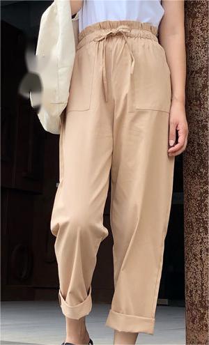 Luexco Women's Cotton Casual Pants Cropped Elastic Waist Khaki