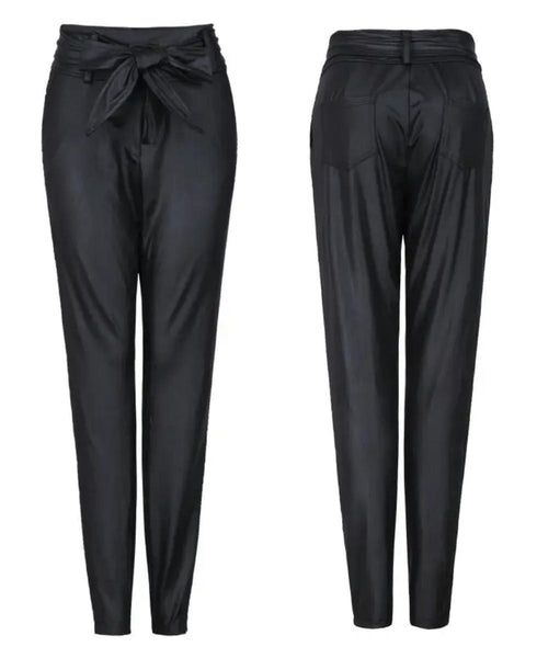 Luexco High Waist PU Leather Pant Belted Sash Black