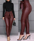 Luexco High Waist PU Leather Pant Belted Sash Burgundy With Model