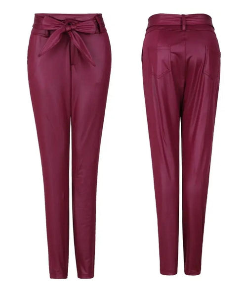 Luexco High Waist PU Leather Pant Belted Sash Burgundy