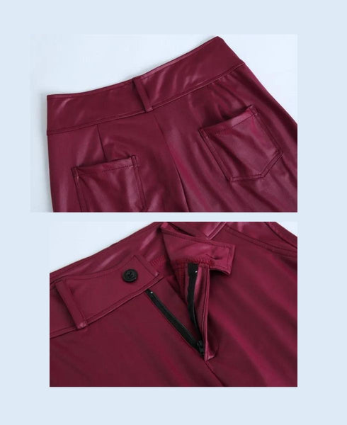 Luexco High Waist PU Leather Pant Belted Sash Burgundy Close-Up