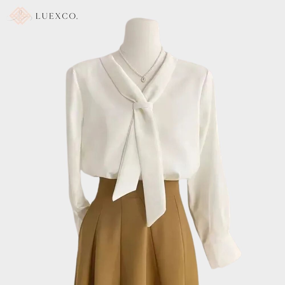 Luexco Prim Chic White Top Long-Sleeved Ribbon Blouse
